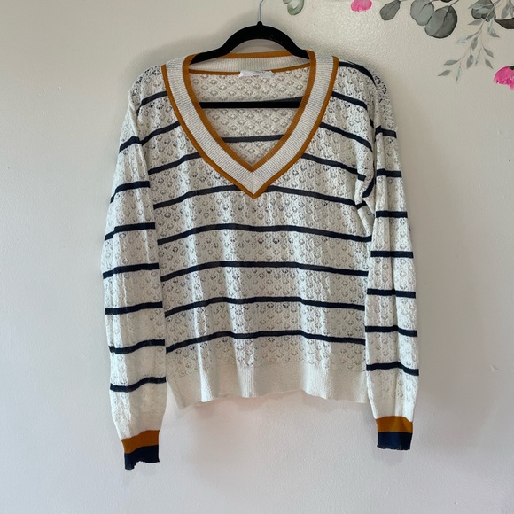 Sita Murt Sweaters - Sita Murt V-Neck Striped Lace Knit Sweater, US Size 10